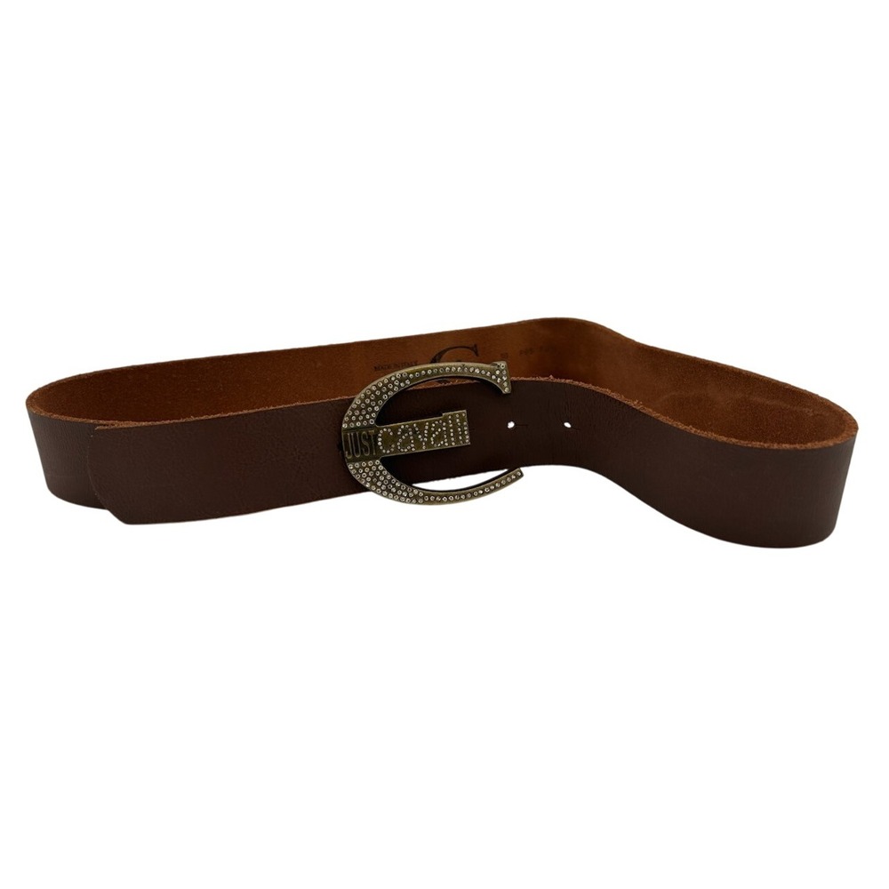 Just Cavalli Brown Leather Rhinestone Buckle‎ Belt Size 40" Made In Italy